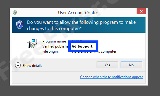 Screenshot where Ad Support appears as the verified publisher in the UAC dialog